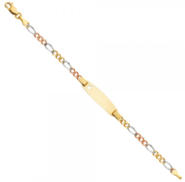 14K 3C Figaro 3+1 Baby Oval ID with Heart Bracelet - 6"